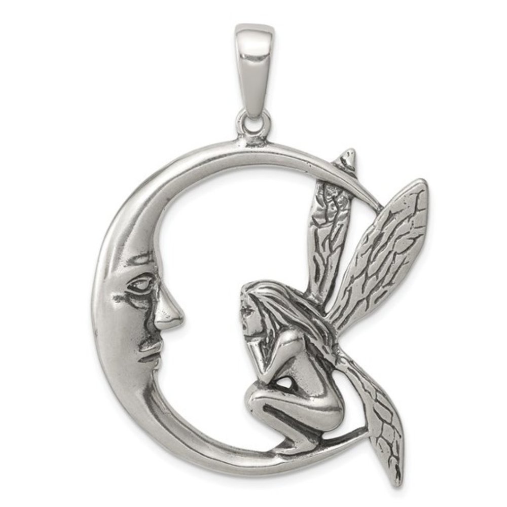 925 Sterling Silver Antiqued Moon/Fairy Pendant